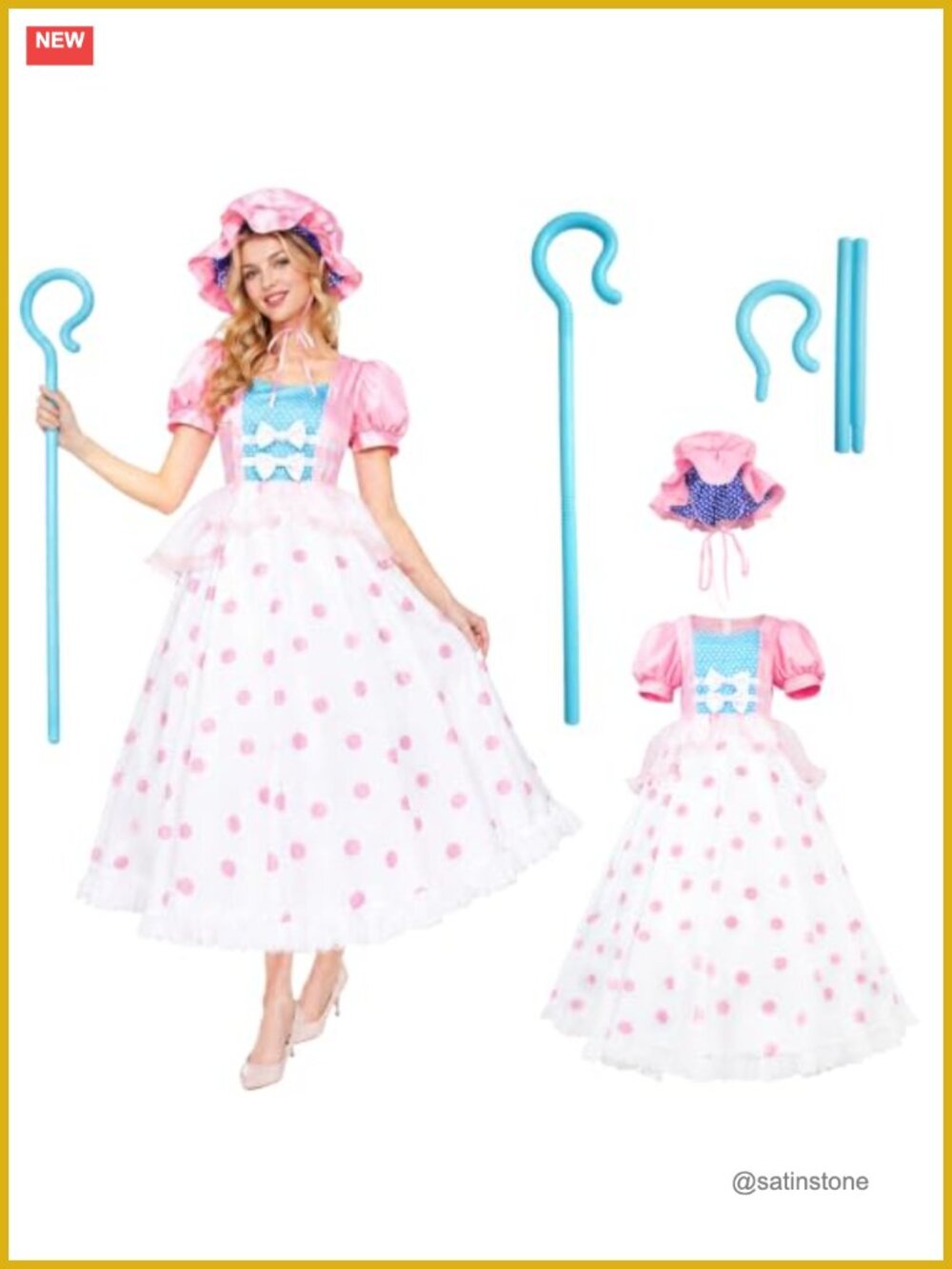 Women's Shepherdess Costume Polka Dot Dress Bonnet Hat Crook Halloween Cosplay